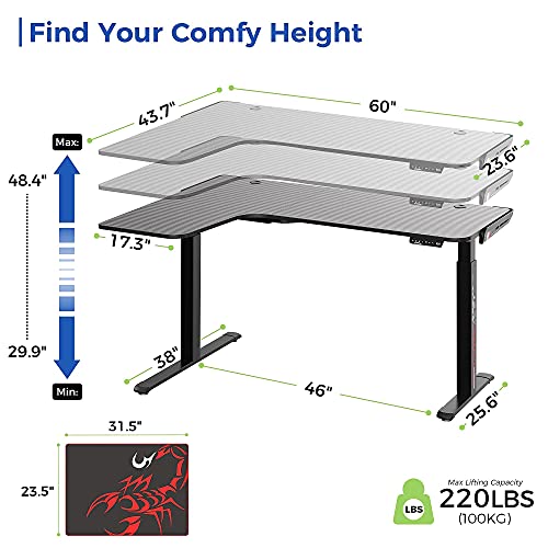 EUREKA ERGONOMIC Standing Desk L Shaped, 60 Inch Gaming Desk Electric Height Adjustable Dual Motor Rising Sit Stand Up Corner Desk for Computer Home Office, Smart Memory Preset Mousepad, Large, Left