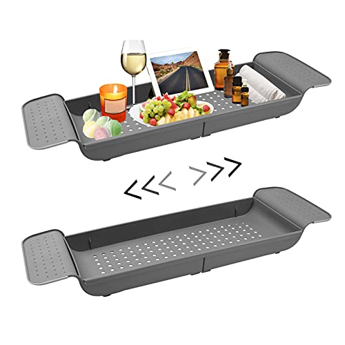 2 Pack Bathtub Tray Expandable Bath Tray Caddy for Bathtub, LASZOLA Adjustable Bath Tub Tray Table Non-Slip Bath Shelf Caddy Multifunctional Plastic Bathtub Storage Rack for Book Wine (Grey)