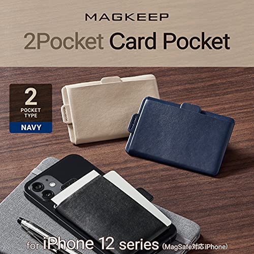 Elecom AMS-BP02NV MAGKEEP Card Pockets, Soft Leather, Magnetic Adhesion, Compatible with iPhone 12 Series, Holds 2 Cards, Navy