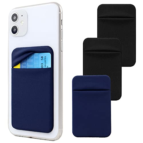 3Pack Cell Phone Card Holder Pocket for Back of Phone,Stretchy Lycra Stick on Wallet Credit Card ID Case Pouch Sleeve Self Adhesive Sticker with Flap for iPhone Samsung Galaxy-2Black+1Navy Blue