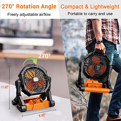 Dr. Prepare Portable Fan for Tent Camping, Rechargeable Battery Operated Fan with LED Lantern& Hanging Hook, 4 Speeds Outdoor Floor Fan, 270° Head Rotation, 10400mAh USB Desk Fan for Fishing, Travel