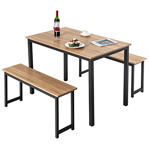 Giantex Dining Table with Bench, Modern Studio Collection Table with 2 Benches, Kitchen 3Pcs Bench Dining Table Set with Metal Frame for Living Room, Kitchen, Small Space