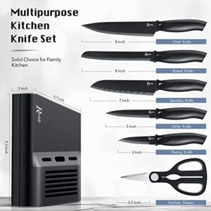 Randalfy Kitchen Knife Set with Block, 7 Pieces Chef Knife Set with Knives, Scissor, Block for Meat/Vegetables/Fruits Chopping, Slicing, Dicing&Cutting