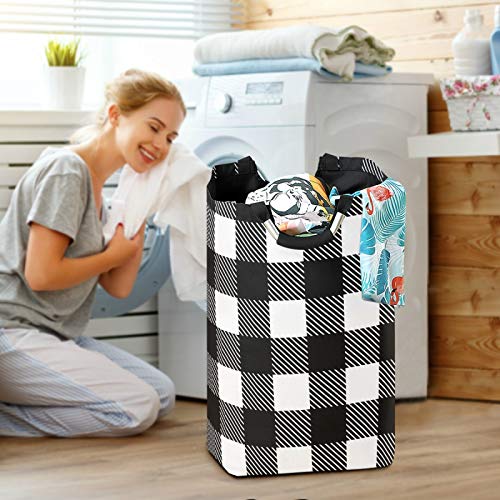 Qilmy Buffalo Black and White Plaid Laundry Hamper, Large Laundry Baskets Foldable Clothes Tote with Handles Storage Bag for Family Dormitory Laundry Bathroom Closet Kids Room