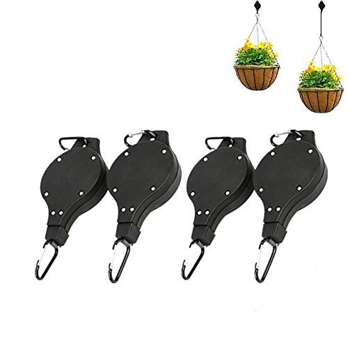 4 Pack Retractable Plant Pulley, Plant Hook Pulley for Garden Baskets Pots and Birds Feeder in Different Height Lower and Raise(Black)