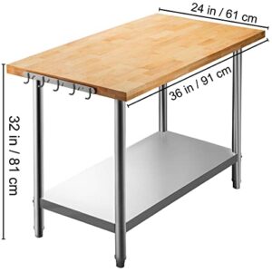 VEVOR Maple Top Work Table, 36x24 Inches, Stainless Steel Wood Kitchen Prep Table with 937 LBS Load Bearing, Kitchen Island Table with Lower Shelf and Adjustable Feet, Outdoor Prep Table for Kitchen