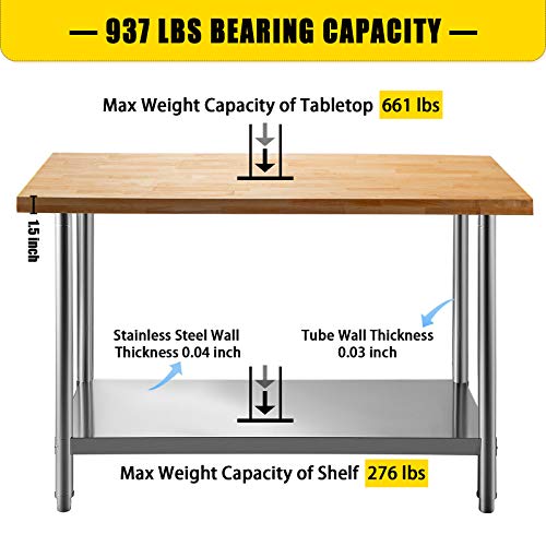 VEVOR Maple Top Work Table, 36x24 Inches, Stainless Steel Wood Kitchen Prep Table with 937 LBS Load Bearing, Kitchen Island Table with Lower Shelf and Adjustable Feet, Outdoor Prep Table for Kitchen