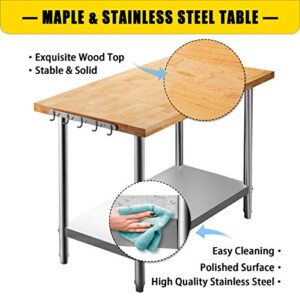 VEVOR Maple Top Work Table, 36x24 Inches, Stainless Steel Wood Kitchen Prep Table with 937 LBS Load Bearing, Kitchen Island Table with Lower Shelf and Adjustable Feet, Outdoor Prep Table for Kitchen