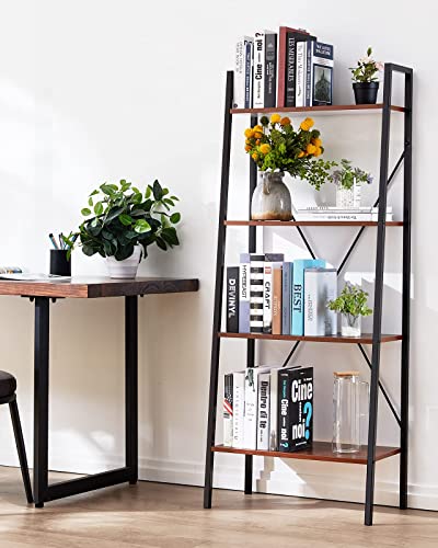 FURNINXS Ladder Shelf Bookcase, Bookshelf 4 Tier, Industrial Standing Shelf Storage Rack Storage Organizer Plant Stand, Steel Frame Book Shelf for Living Room/Bedroom/Kitchen/Bathroom - Red Brown