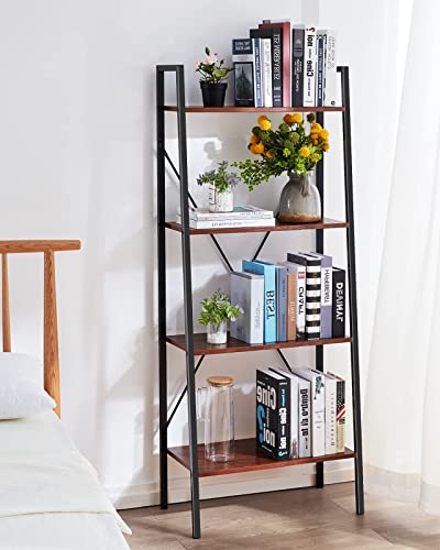 FURNINXS Ladder Shelf Bookcase, Bookshelf 4 Tier, Industrial Standing Shelf Storage Rack Storage Organizer Plant Stand, Steel Frame Book Shelf for Living Room/Bedroom/Kitchen/Bathroom - Red Brown