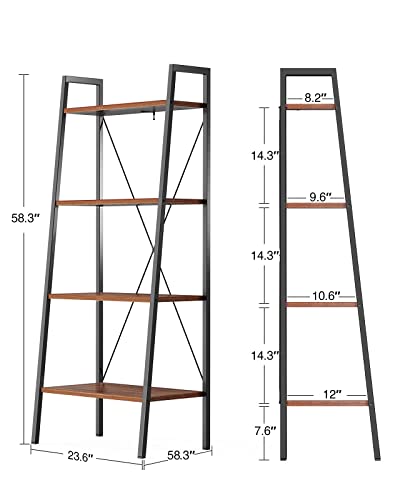 FURNINXS Ladder Shelf Bookcase, Bookshelf 4 Tier, Industrial Standing Shelf Storage Rack Storage Organizer Plant Stand, Steel Frame Book Shelf for Living Room/Bedroom/Kitchen/Bathroom - Red Brown