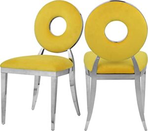 meridian furniture carousel collection velvet upholstered dining chair in chrome stainless steel finish, 18" w x 23.5" d x 35" h, yellow
