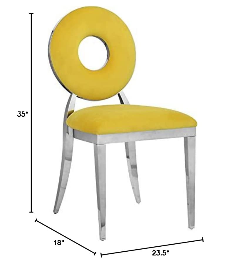 Meridian Furniture Carousel Collection Velvet Upholstered Dining Chair in Chrome Stainless Steel Finish, 18" W x 23.5" D x 35" H, Yellow