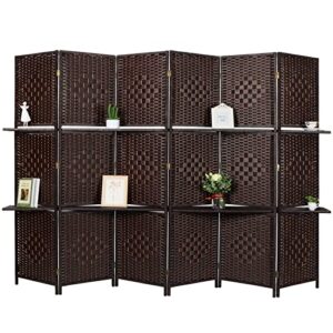 maxhonor 6 panels room divider, 6 ft tall&extra wide weave fiber room divider with 2 shelved, double hinged,folding privacy screens, freestanding room dividers (coffee)