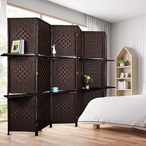 Maxhonor 6 Panels Room Divider, 6 FT Tall&Extra Wide Weave Fiber Room Divider with 2 Shelved, Double Hinged,Folding Privacy Screens, Freestanding Room Dividers (Coffee)