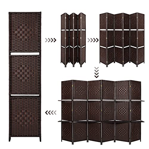 Maxhonor 6 Panels Room Divider, 6 FT Tall&Extra Wide Weave Fiber Room Divider with 2 Shelved, Double Hinged,Folding Privacy Screens, Freestanding Room Dividers (Coffee)