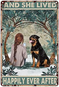 fashionable chic interesting metal tin sign girl and rottweiler dog ; and she lived, happily ever after art decoration for outdoor walls of home bar cafe restaurant club, 11.8 x 7.8