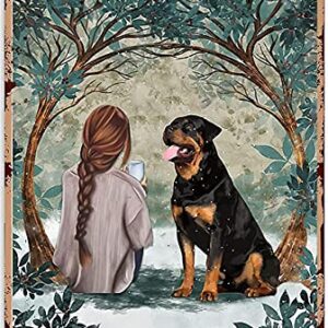 Fashionable Chic Interesting Metal Tin Sign Girl and Rottweiler Dog ; and She Lived, Happily Ever After Art Decoration for Outdoor Walls of Home Bar Cafe Restaurant Club, 11.8 x 7.8