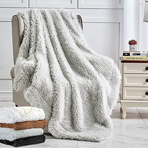 Plush Faux Fur Throw Blanket, Large Grey Throw Blanket for Couch and for Bed, Super Soft Long Hair Shaggy Blanket, Thick, Elegant, Cozy and Fluffy Minky Blanket 50''×60''