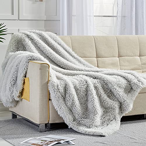 Plush Faux Fur Throw Blanket, Large Grey Throw Blanket for Couch and for Bed, Super Soft Long Hair Shaggy Blanket, Thick, Elegant, Cozy and Fluffy Minky Blanket 50''×60''