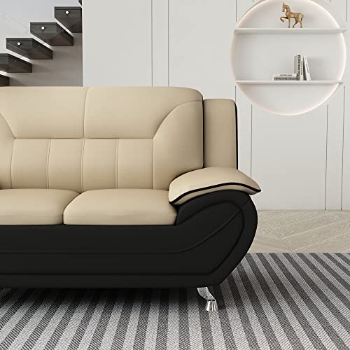 Container Furniture Direct Michael Modern Faux Leather Upholstered Stainless Steel Legs Living Room, Sofa, Loveseat, Black Camel