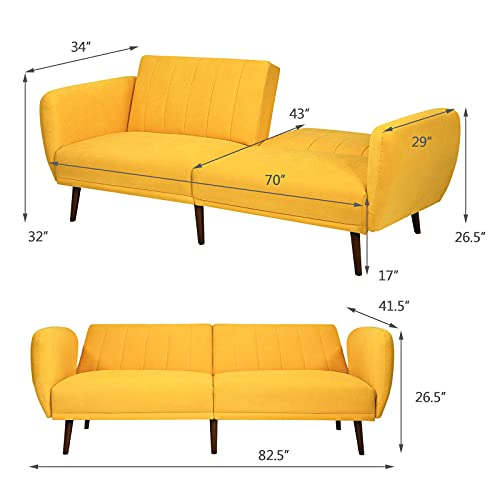 Giantex Foldable Futon Sofa Bed, Convertible Sofa Couch Upholstered Futon Sleeper Sofa, 3-Level Angle Adjustable, Pull Out Futon Bed Ideal for Compact Living Room Apartment, Dorm (Yellow)