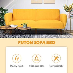 Giantex Foldable Futon Sofa Bed, Convertible Sofa Couch Upholstered Futon Sleeper Sofa, 3-Level Angle Adjustable, Pull Out Futon Bed Ideal for Compact Living Room Apartment, Dorm (Yellow)