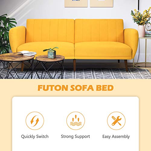 Giantex Foldable Futon Sofa Bed, Convertible Sofa Couch Upholstered Futon Sleeper Sofa, 3-Level Angle Adjustable, Pull Out Futon Bed Ideal for Compact Living Room Apartment, Dorm (Yellow)