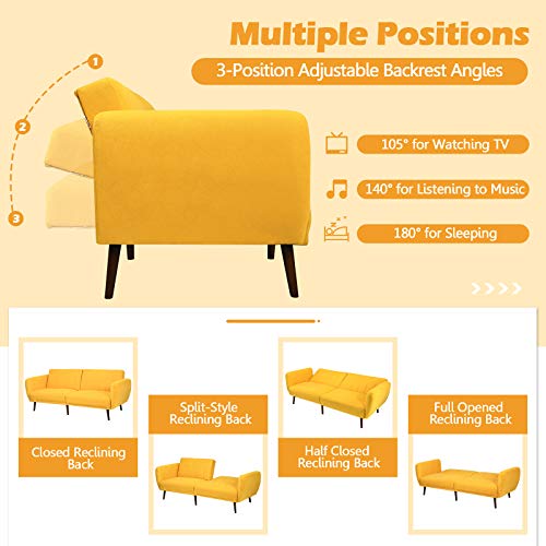 Giantex Foldable Futon Sofa Bed, Convertible Sofa Couch Upholstered Futon Sleeper Sofa, 3-Level Angle Adjustable, Pull Out Futon Bed Ideal for Compact Living Room Apartment, Dorm (Yellow)