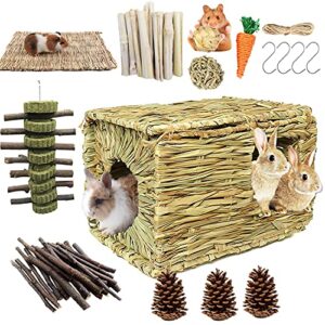 calymmny extra large rabbit grass house and hideout, 16 pcs bunny chew toys- handmade woven hay bed natural edible grass hut for rabbit guinea pig chinchilla to play sleep eat (large)