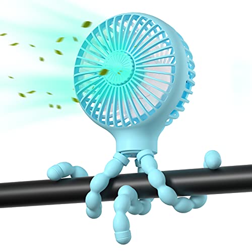 Stroller Fan Upgraded Handheld Personal Fan Battery Operated Mini Portable Fan with LED Light Aromatherapy, Flexible Tripod Clip On Fan with 3 Speeds Versatile Fan for Car Seat Crib Bike Desk (Blue)