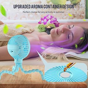 Stroller Fan Upgraded Handheld Personal Fan Battery Operated Mini Portable Fan with LED Light Aromatherapy, Flexible Tripod Clip On Fan with 3 Speeds Versatile Fan for Car Seat Crib Bike Desk (Blue)