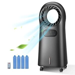 evaporative air cooler, 3-in-1 portable air conditioner for room personal bladeless fan/ac cooling & humidification, 3 wind speeds, 3 modes, 360° oscillation, 1-8h timer, color night light,tower fan for home office (black)