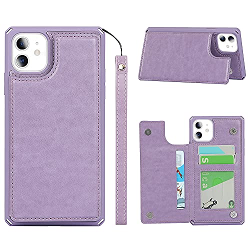 ShunJieTech for iPhone 11 Case,for iPhone11 Case,[ Credit Card Holder & Slot Wallet Case ] Back Shell Leather Cover Shockproof Protective Case with Strap(6.1")-Purple