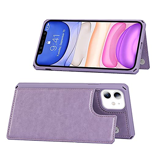 ShunJieTech for iPhone 11 Case,for iPhone11 Case,[ Credit Card Holder & Slot Wallet Case ] Back Shell Leather Cover Shockproof Protective Case with Strap(6.1")-Purple