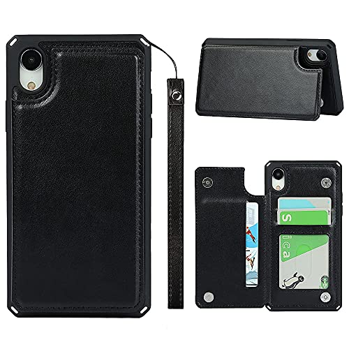 ShunJieTech for iPhone XR Case,for iPhoneXR Case,[ Credit Card Holder & Slot Wallet Case ] Back Shell Leather Cover Shockproof Protective Case with Strap(6.1")-Black