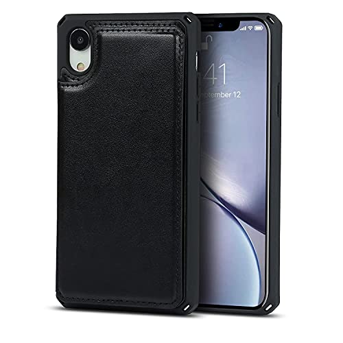 ShunJieTech for iPhone XR Case,for iPhoneXR Case,[ Credit Card Holder & Slot Wallet Case ] Back Shell Leather Cover Shockproof Protective Case with Strap(6.1")-Black