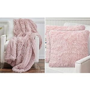 the connecticut home company shag throw blanket and shag pillow cases set of 2, both in dusty rose color, throw size 65x50, throw pillow case size 18x18, 2 item bundle