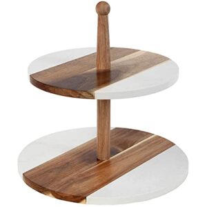balin designs two tiered serving tray, white round acacia wood tiered tray, 2 tier serving stand for kitchen counter decor, round wooden trays for home decor - white marble
