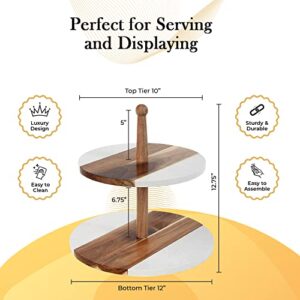 BALIN DESIGNS Two Tiered Serving Tray, White Round Acacia Wood Tiered Tray, 2 Tier Serving Stand for Kitchen Counter Decor, Round Wooden Trays for Home Decor - White Marble