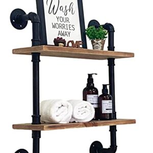 ROGMARS Industrial Pipe Floating Bathroom Shelves Rustic Wood Ladder Bookshelf Wall Mounted Rustic Wood Shelf for Living Room Decor and Storage 15 inch (2 Tier)