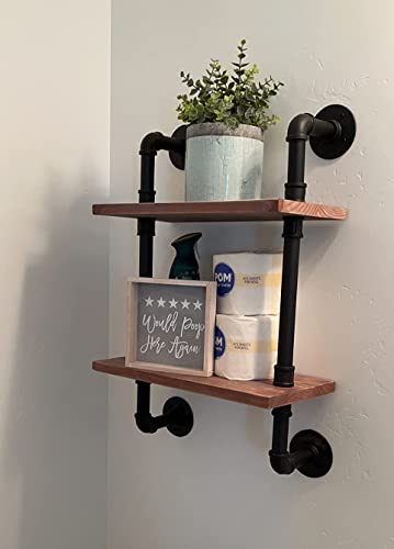 ROGMARS Industrial Pipe Floating Bathroom Shelves Rustic Wood Ladder Bookshelf Wall Mounted Rustic Wood Shelf for Living Room Decor and Storage 15 inch (2 Tier)