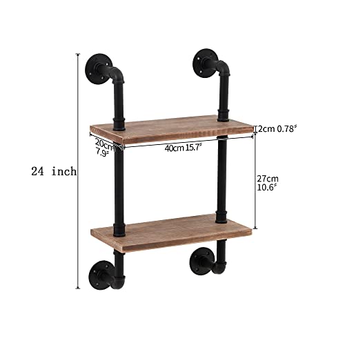 ROGMARS Industrial Pipe Floating Bathroom Shelves Rustic Wood Ladder Bookshelf Wall Mounted Rustic Wood Shelf for Living Room Decor and Storage 15 inch (2 Tier)