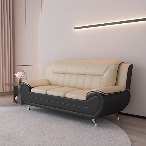 Container Furniture Direct Michael Modern Faux Leather Upholstered Stainless Steel Legs Living Room, Sofa, Black Camel