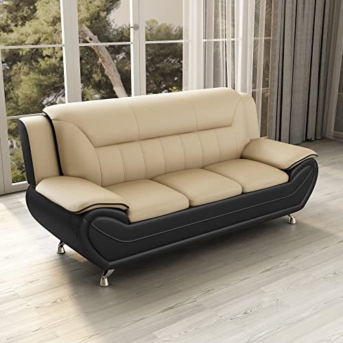 Container Furniture Direct Michael Modern Faux Leather Upholstered Stainless Steel Legs Living Room, Sofa, Black Camel