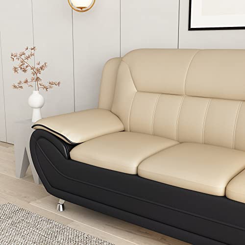 Container Furniture Direct Michael Modern Faux Leather Upholstered Stainless Steel Legs Living Room, Sofa, Black Camel