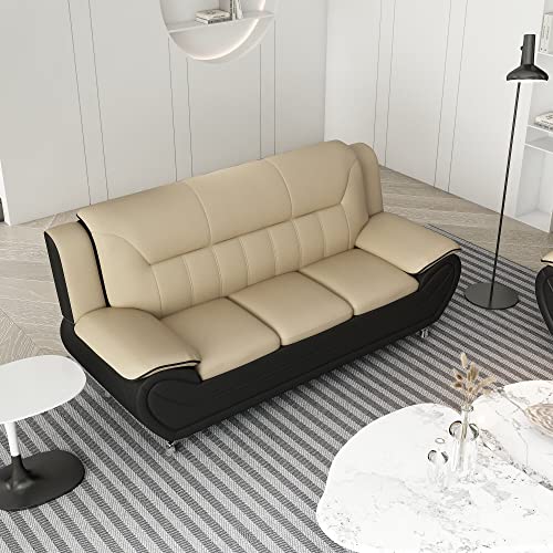 Container Furniture Direct Michael Modern Faux Leather Upholstered Stainless Steel Legs Living Room, Sofa, Black Camel