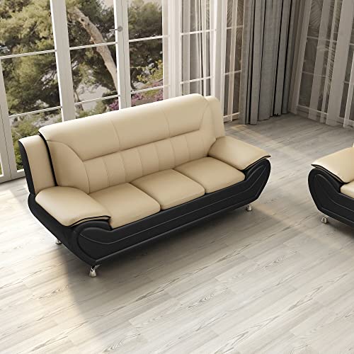 Container Furniture Direct Michael Modern Faux Leather Upholstered Stainless Steel Legs Living Room, Sofa, Black Camel