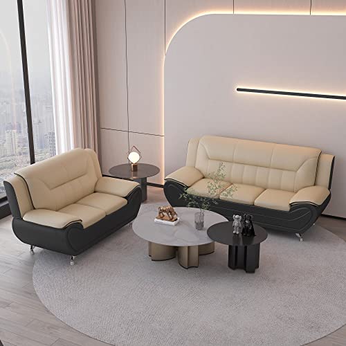 Container Furniture Direct Michael Modern Faux Leather Upholstered Stainless Steel Legs Living Room, Sofa, Black Camel