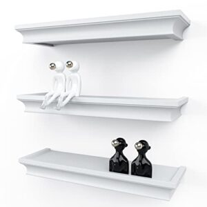 richer house white floating shelves for wall decor, 16 inches wall shelves set of 3, picture ledge wall mounted, crown molding display shelves with invisible brackets in bathroom, bedroom, living room